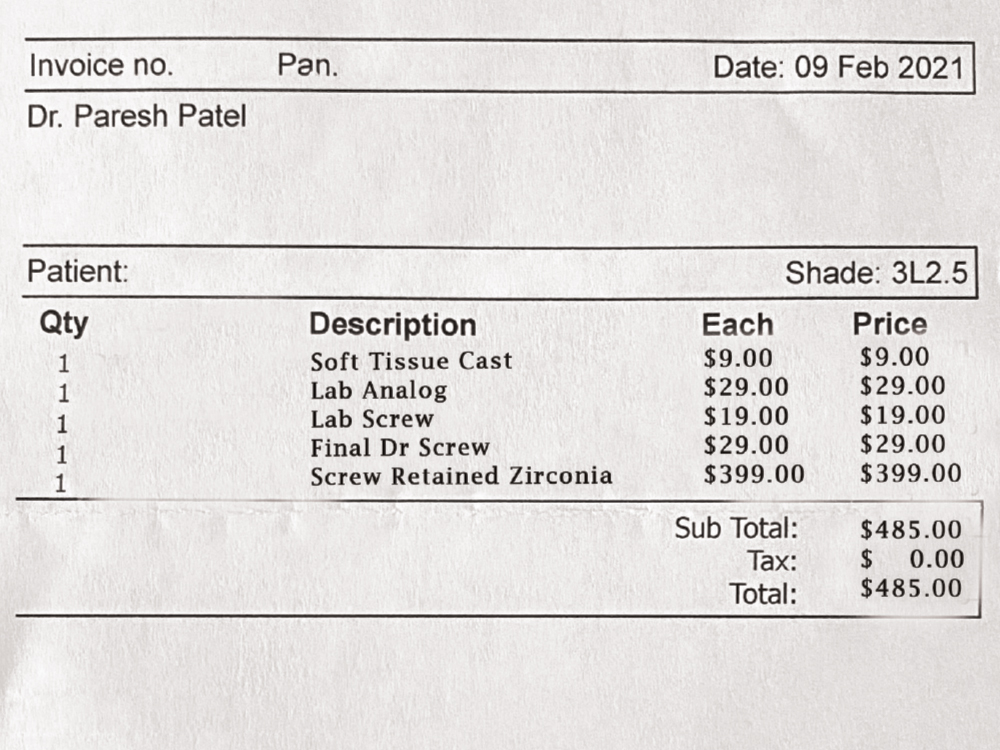 Invoice sample Dr. Patel received of additional fees for screws, analogs and dental models